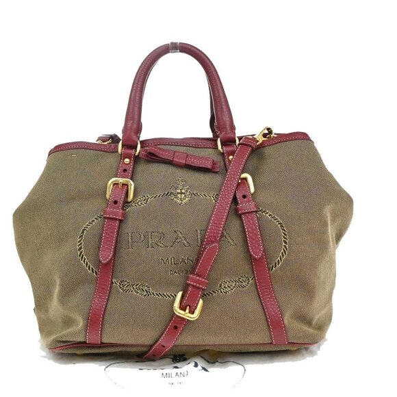 PRADA MILANO Logo 2Way Shoulder Hand Bag Canvas Leather Brown Red 79EE817 - Picture 1 of 16